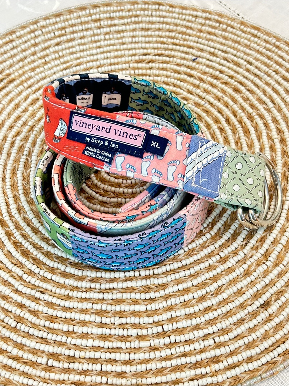 Vineyard Vines Multicolor Patchwork Cotton Belt with D-Rings. Size 50